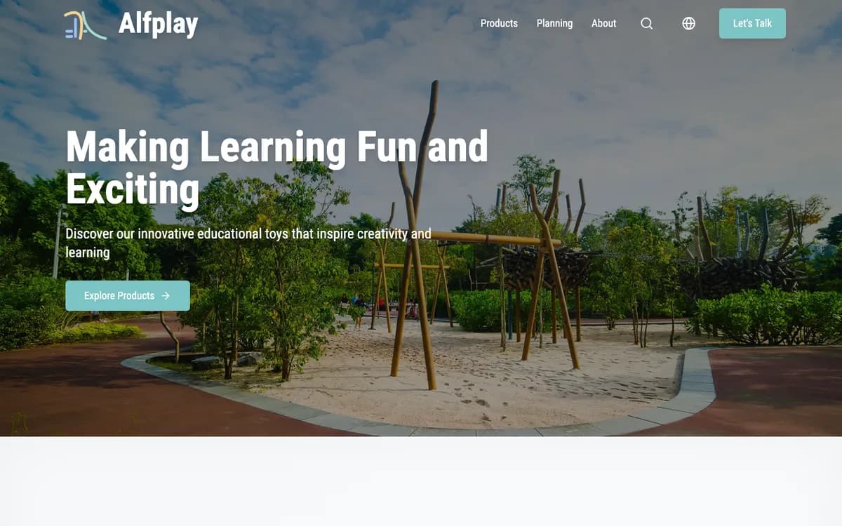 AlfPlay homepage showing playground equipment and play-space services.